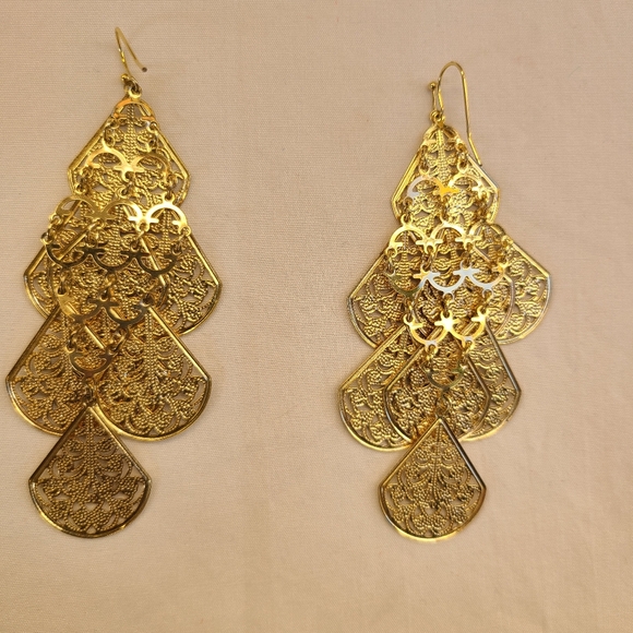 Gold Tone Filigree Chandelier Dangle Earrings - Picture 2 of 4